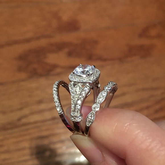 3pcs 925 Silver Engagement Ring Wedding Bands Set - Picture 2 of 7